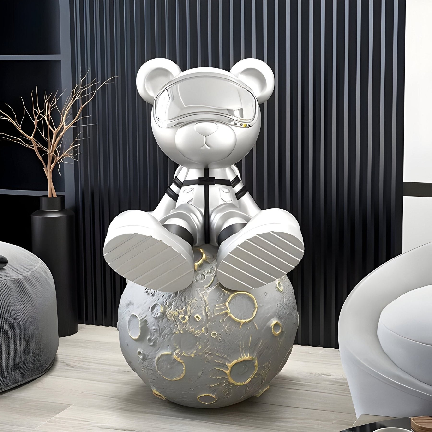 Medium Cosmic Chrome Astronaut Bear Moon Sculpture - 80cm