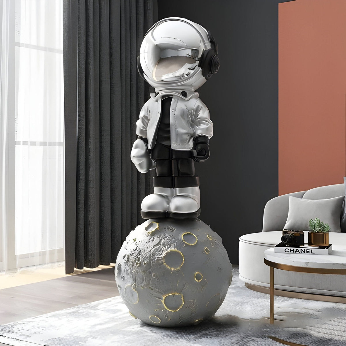 Large Lunar Silver Astronaut Beats On Moon Sculpture - 140cm - Atelier Home™
