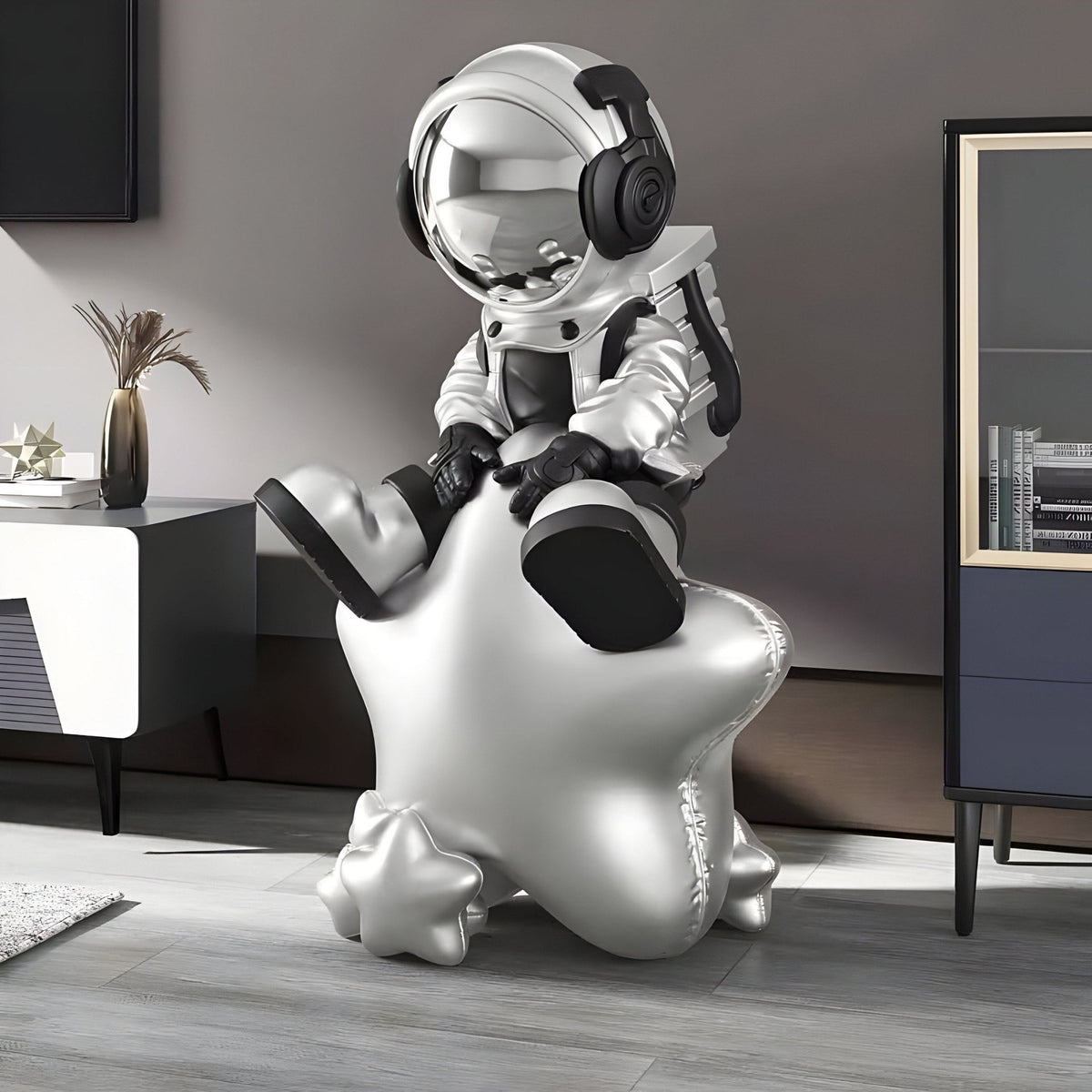 Medium Astral Silver Astronaut Beats On Star Sculpture - 90cm - Atelier Home™