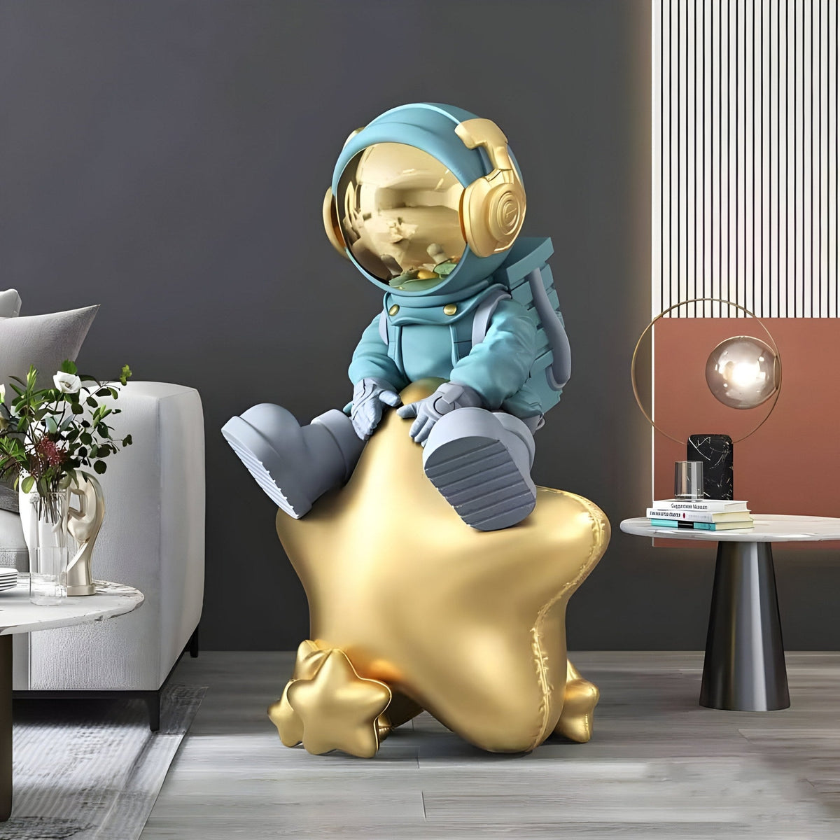 Medium Galactic Blue Astronaut Beats On Star Sculpture - 90cm - Atelier Home™