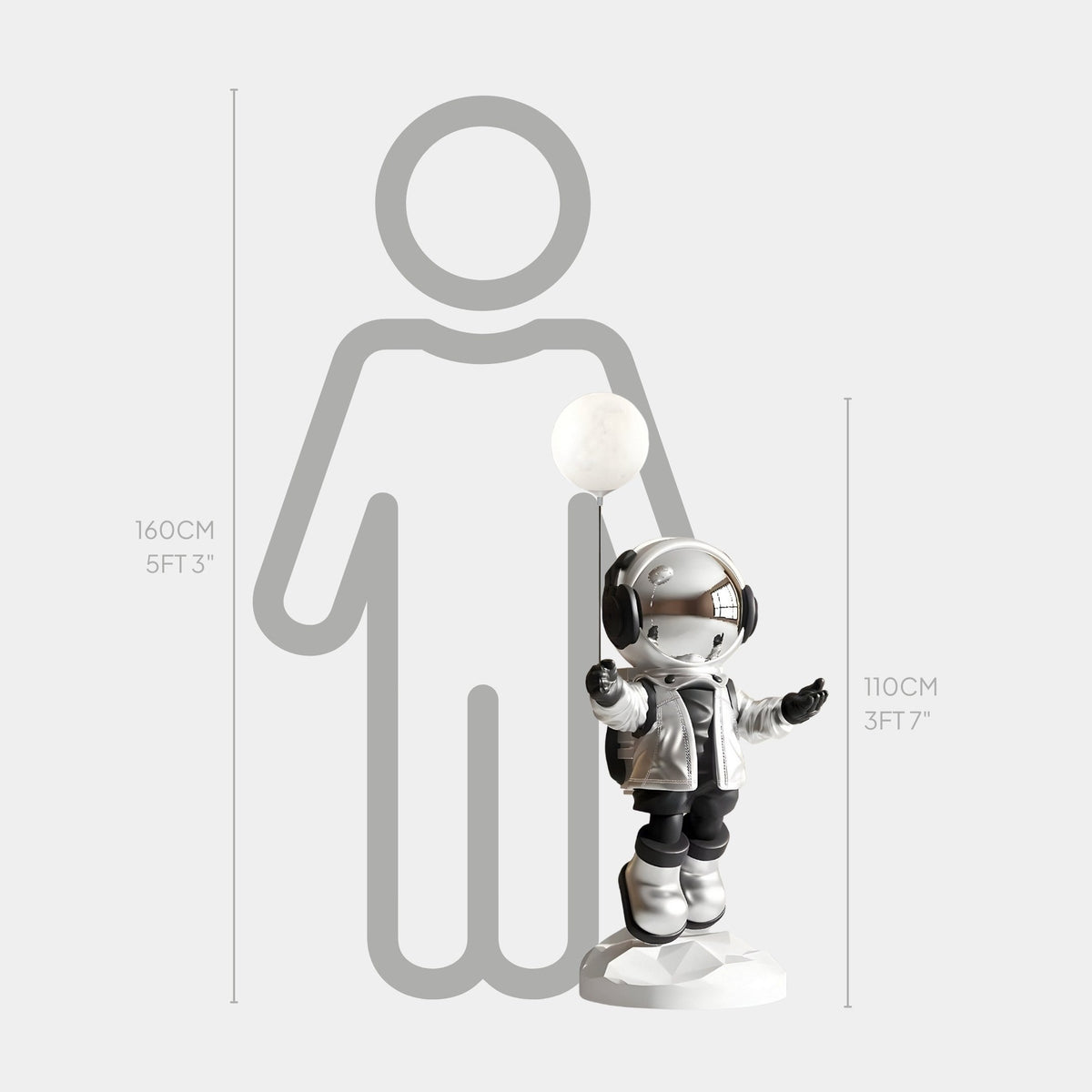 Medium Lunar Silver Astronaut Glow Balloon Sculpture - 110cm - Atelier Home™