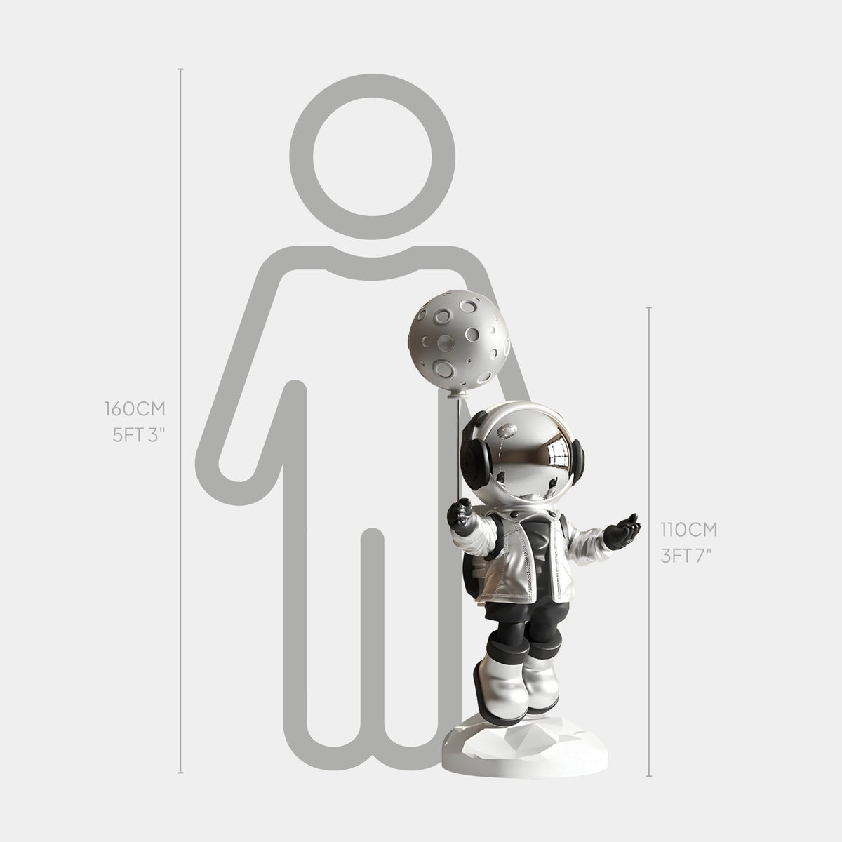 Medium Lunar Silver Astronaut Moon Balloon Sculpture - 110cm - Atelier Home™