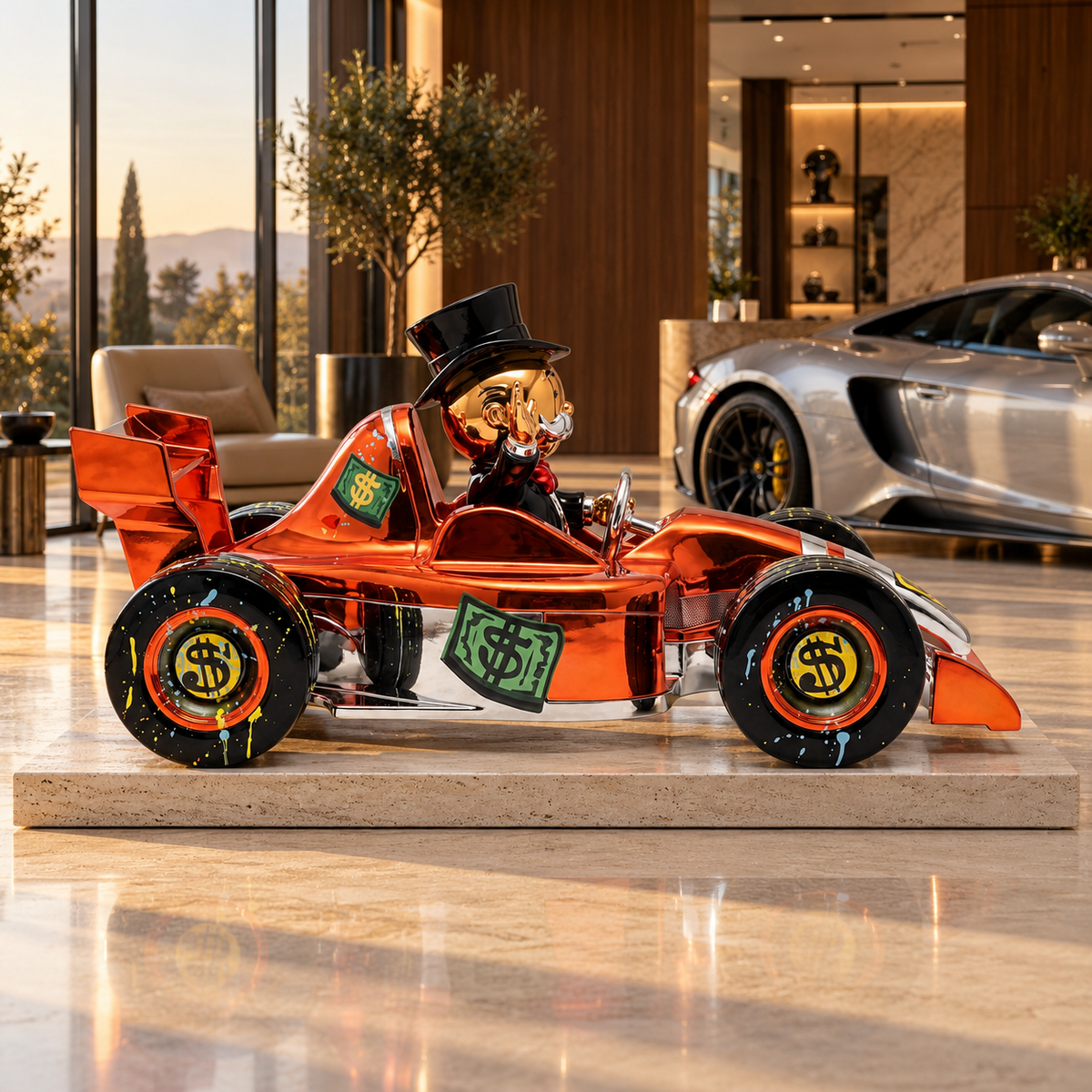 Grand Prix Royale Lifesize™ copper-orange sculpture, right-facing side profile in warm showroom light