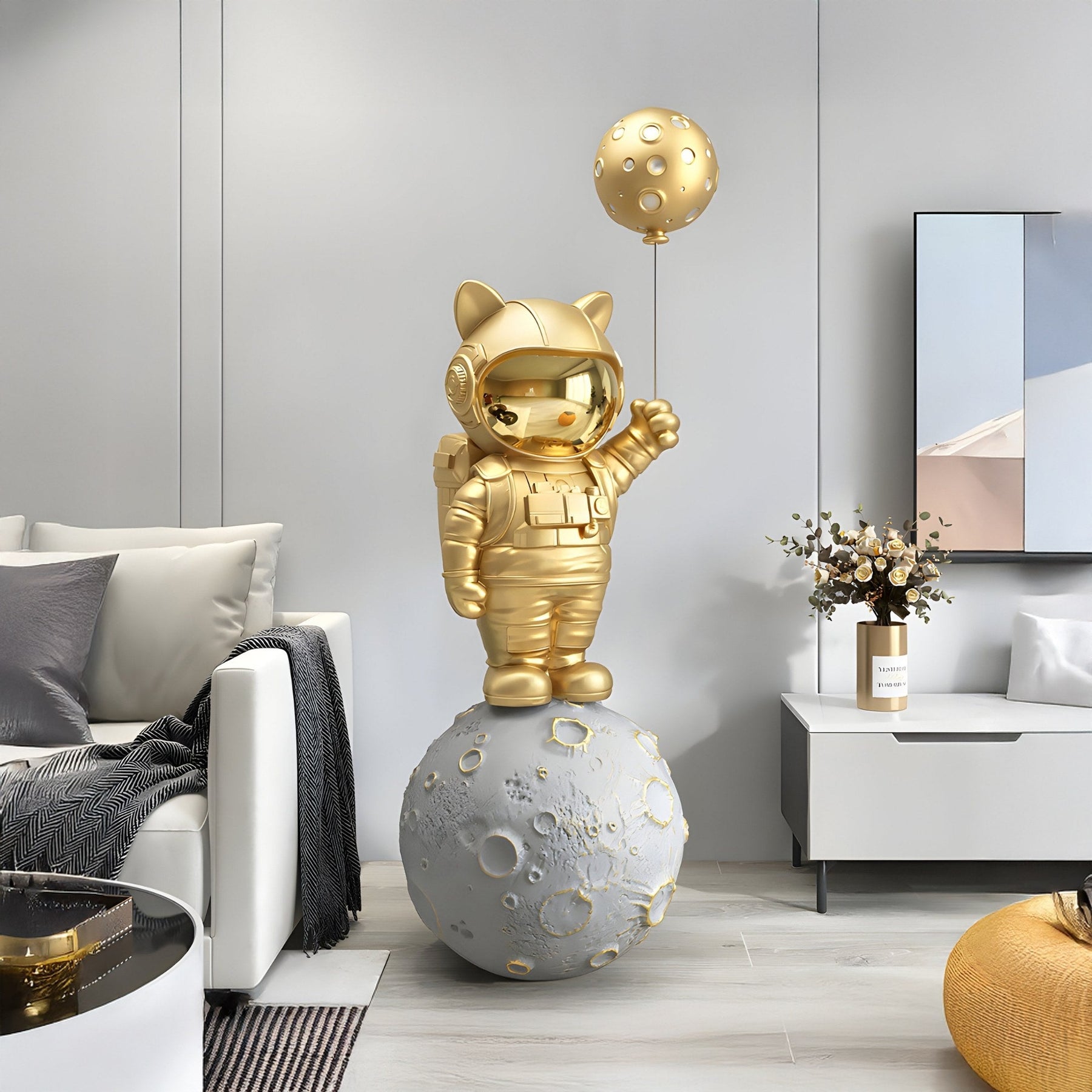 Medium Gilded Gold Astronaut Kitty Moon Balloon Sculpture - 150cm