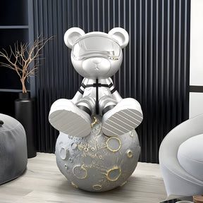 Medium Cosmic Chrome Astronaut Bear Moon Sculpture - 80cm
