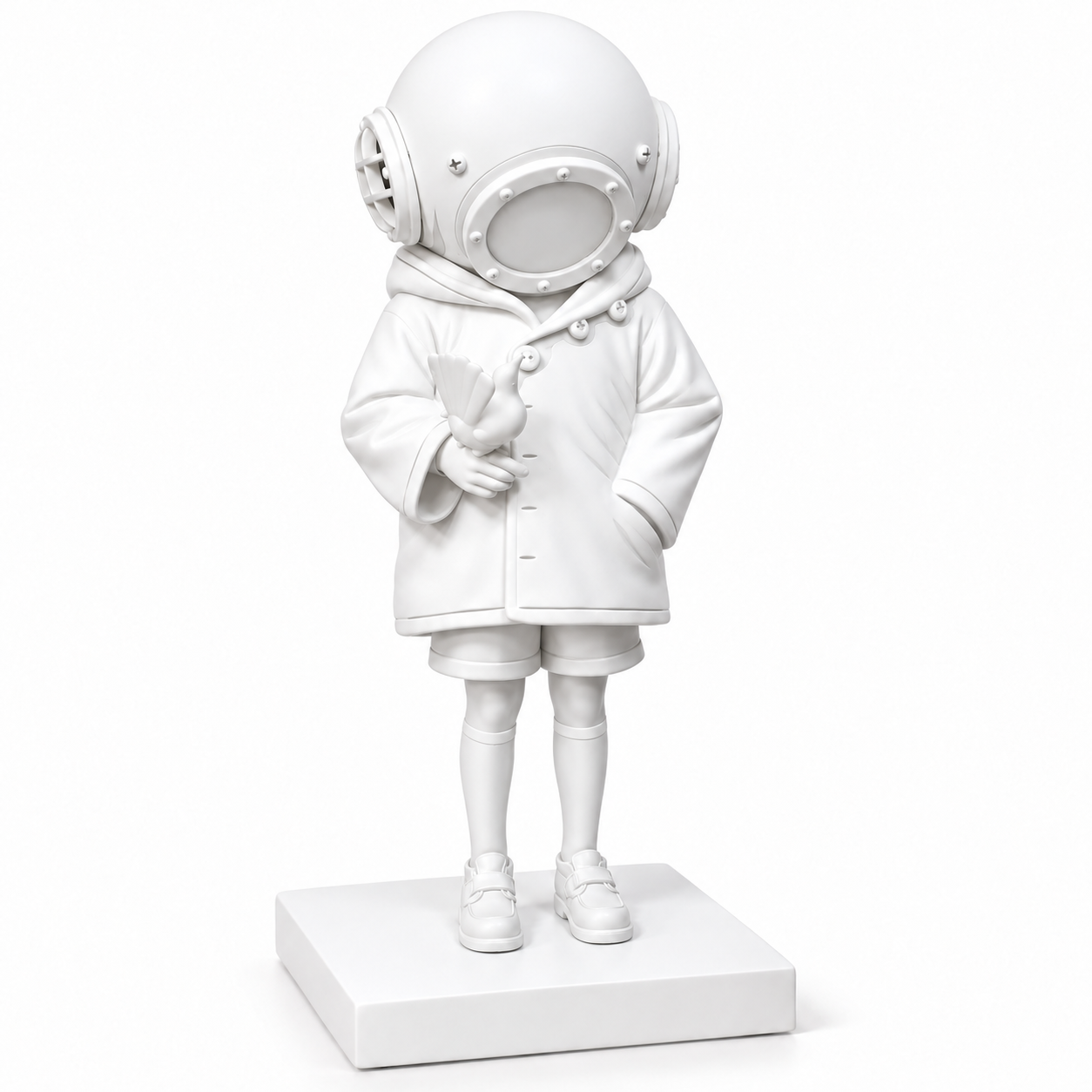 Deep Sea Dreamer sculpture in all white, on a white studio background