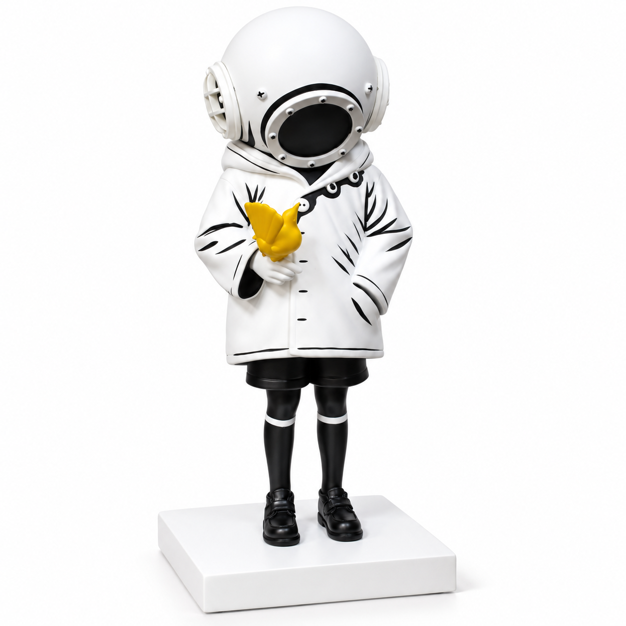 Deep Sea Dreamer sculpture in white & black with yellow bird, on a white studio background