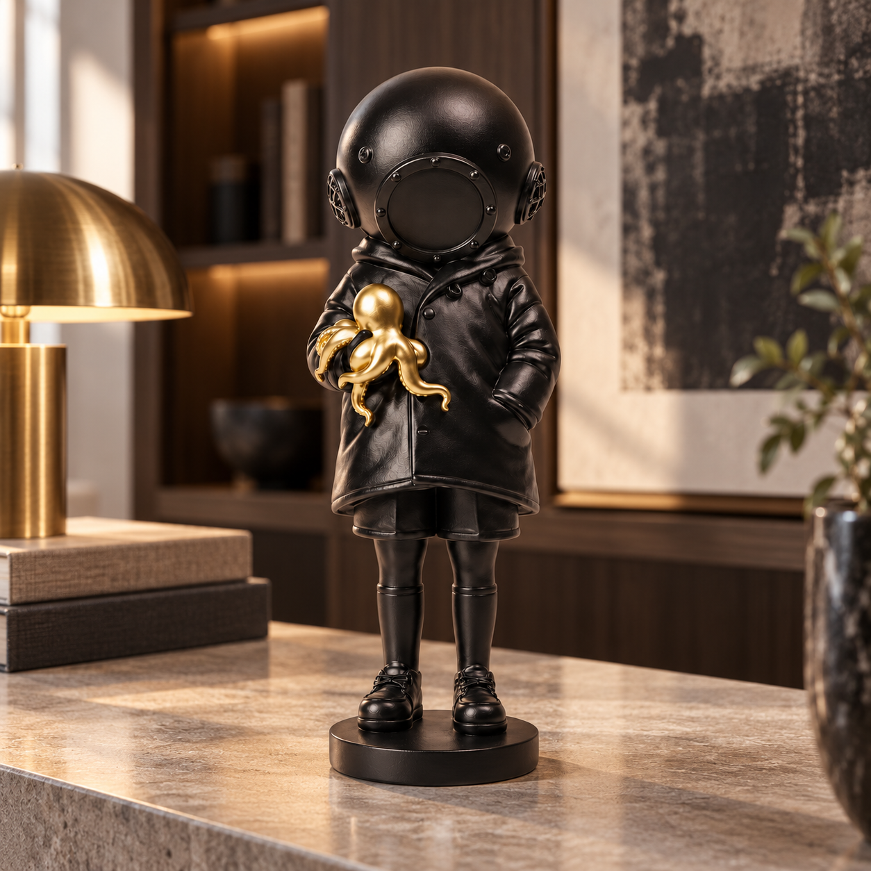 Golden Encounter diver and octopus sculpture in black & gold, displayed in a styled interior