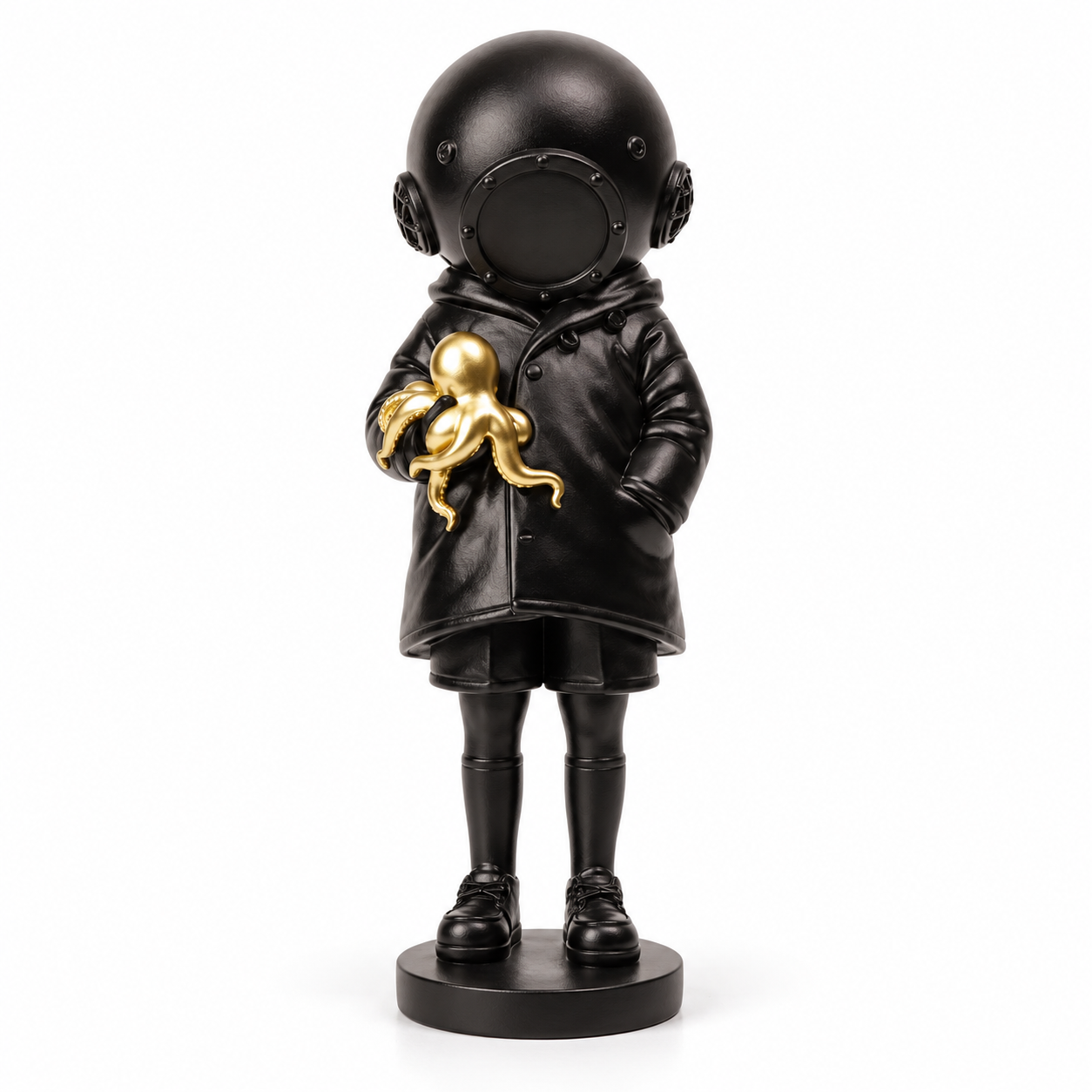 Golden Encounter diver and octopus sculpture in black & gold, on a white studio background