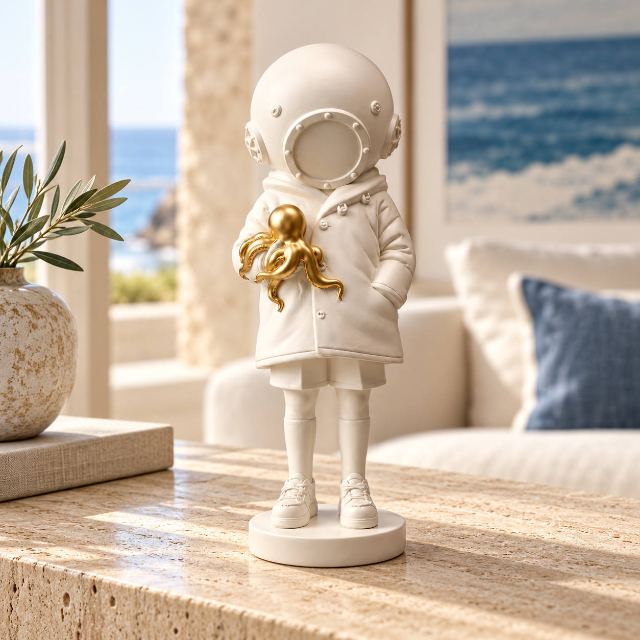 Golden Encounter diver and octopus sculpture in white & gold, displayed in a styled interior