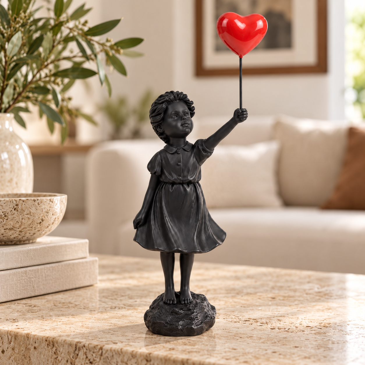 Held in Hope girl with heart balloon sculpture in black & red, displayed in a styled interior