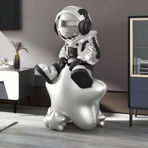 Medium Astral Silver Astronaut Beats On Star Sculpture - 90cm - Atelier Home™