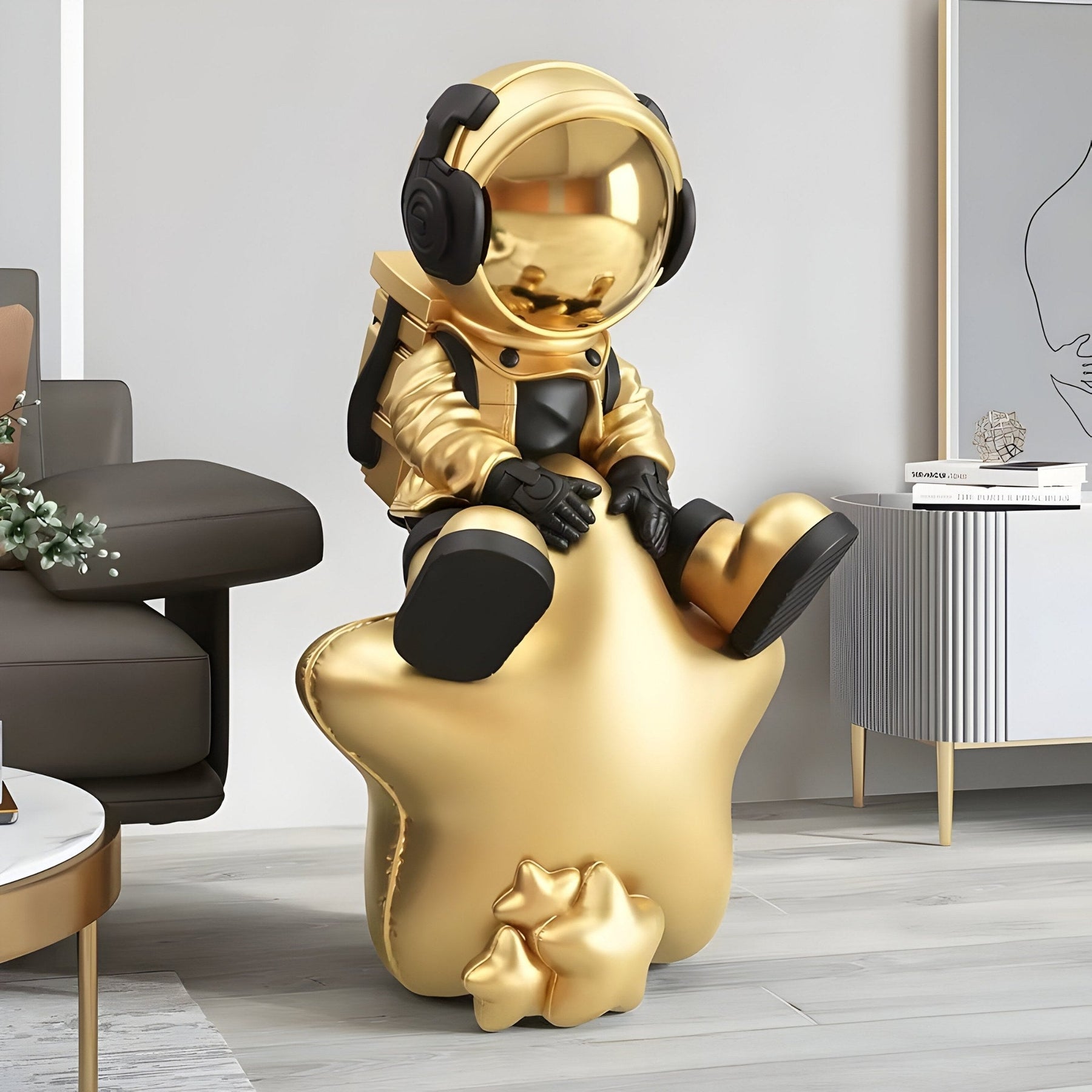 Medium Celestial Gold Astronaut Beats On Star Sculpture - 90cm - Atelier Home™