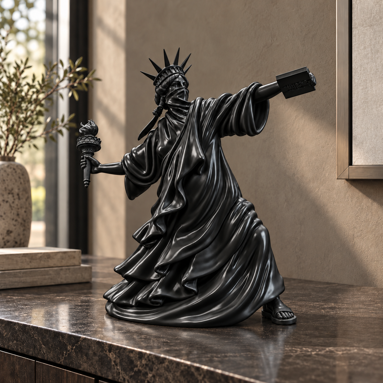 Liberty Unbound sculpture in black, displayed in a styled interior