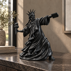 Liberty Unbound sculpture in black, displayed in a styled interior