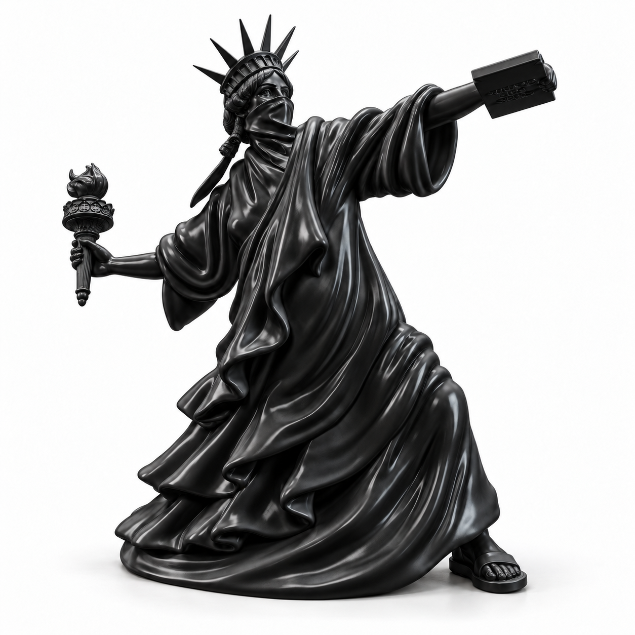 Liberty Unbound sculpture in black, on a white studio background