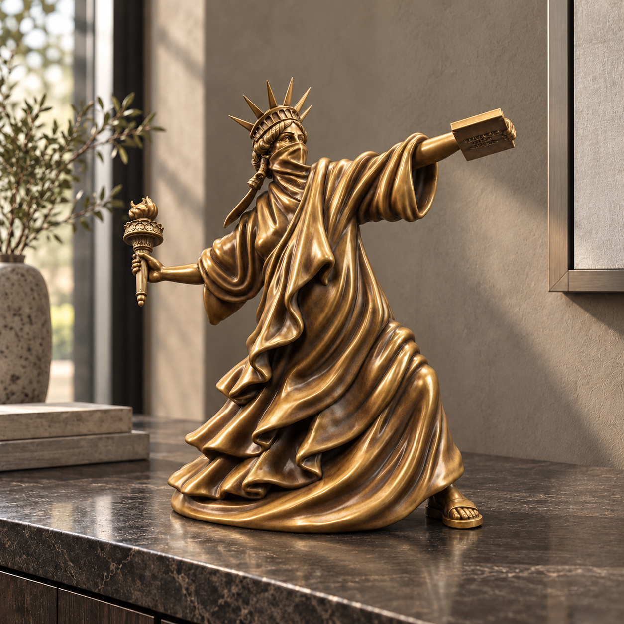 Liberty Unbound sculpture in bronze gold, displayed in a styled interior