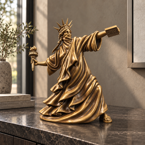 Liberty Unbound sculpture in bronze gold, displayed in a styled interior