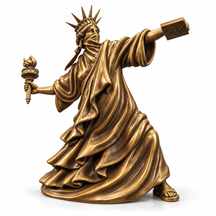 Liberty Unbound sculpture in bronze gold, on a white studio background