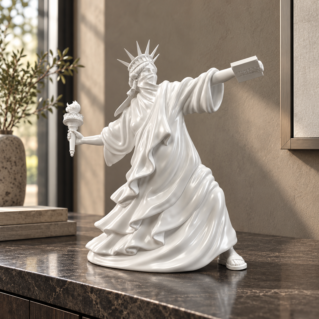 Liberty Unbound sculpture in white, displayed in a styled interior