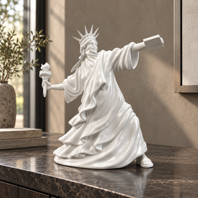 Liberty Unbound sculpture in white, displayed in a styled interior