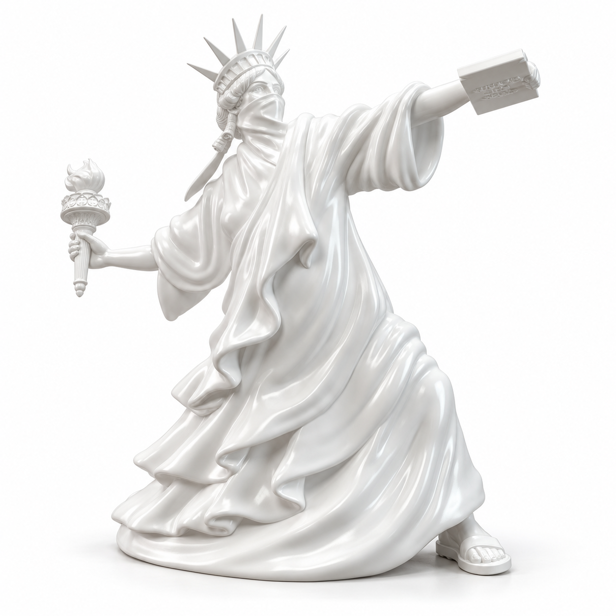 Liberty Unbound sculpture in white, on a white studio background