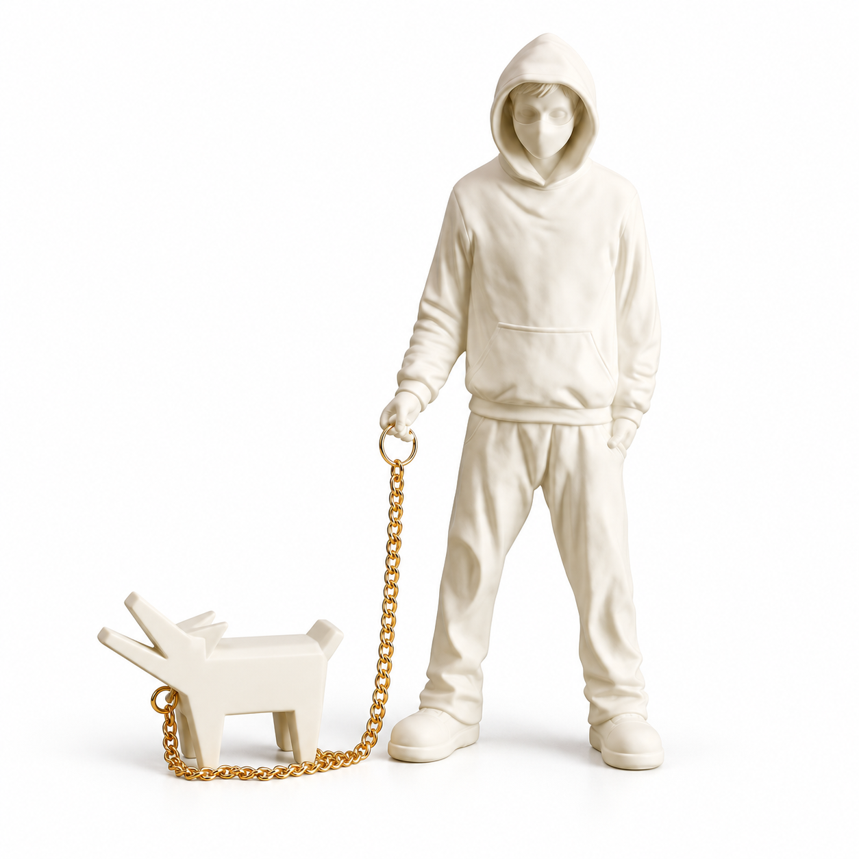 Urban Companion hooded figure and dog sculpture in white & gold, on a white studio background