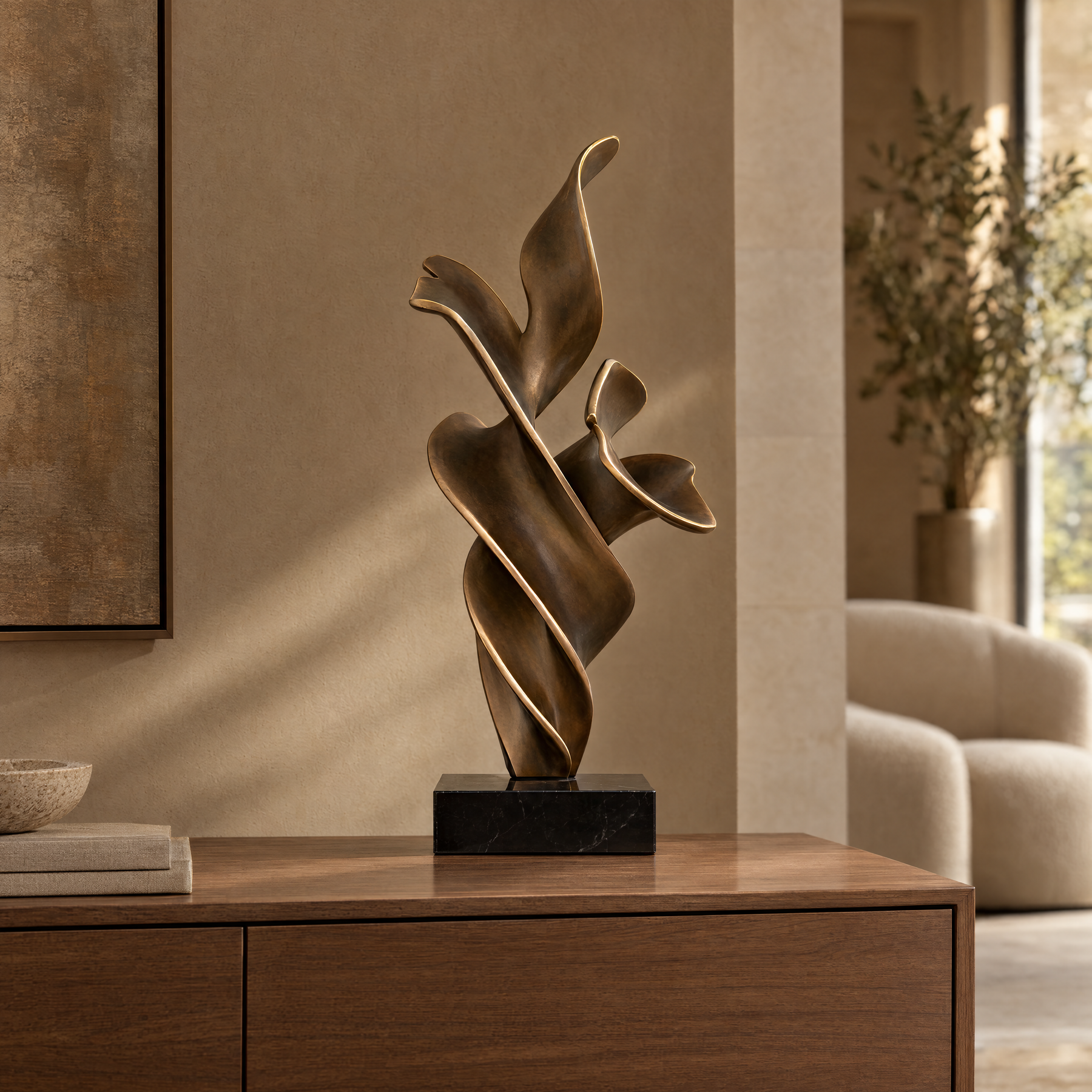 Bronze Bloom abstract sculpture — styled interior, 75 cm listed height