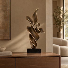 Bronze Bloom abstract sculpture — styled interior, 75 cm listed height
