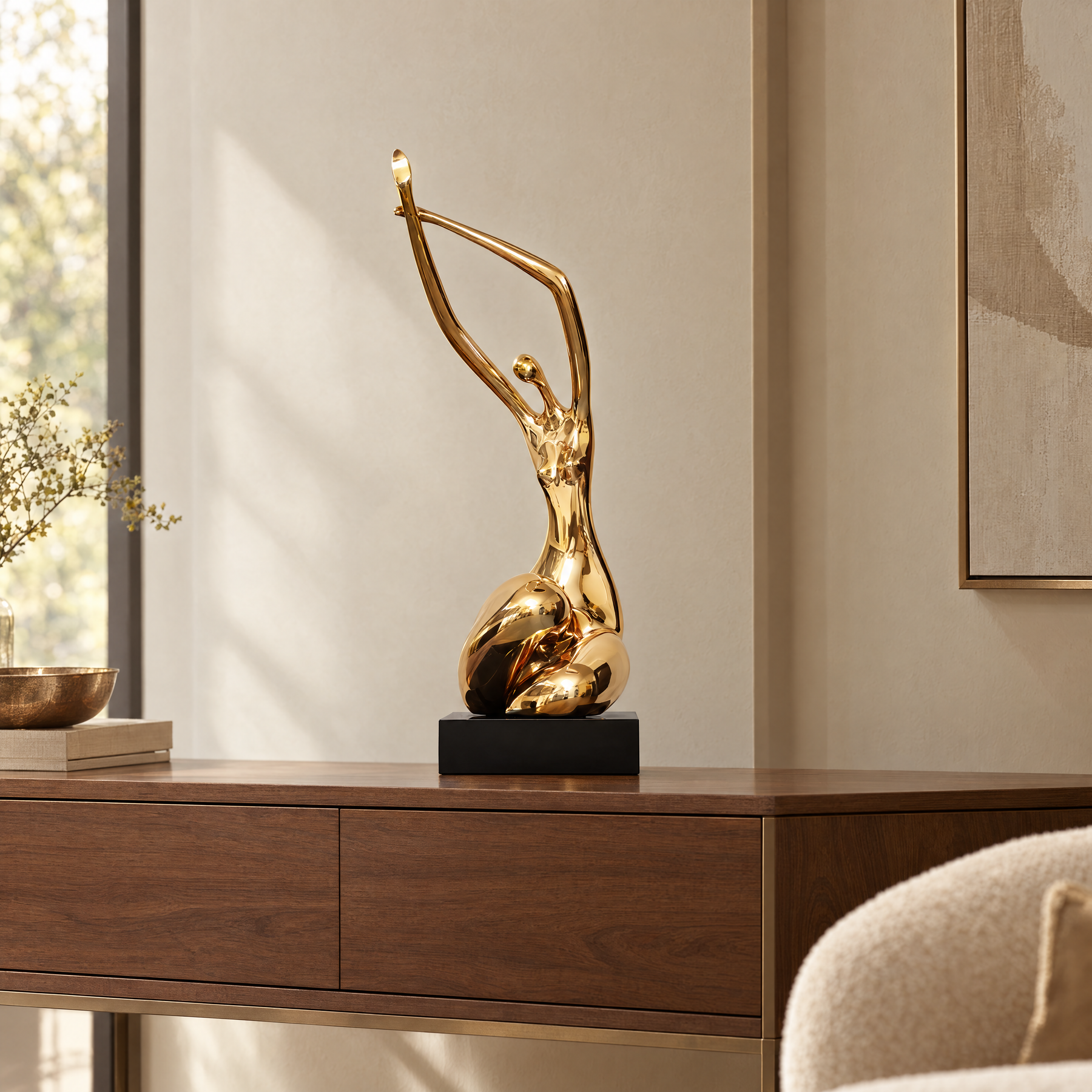 Golden Reverie abstract sculpture — styled interior, 66 cm listed height