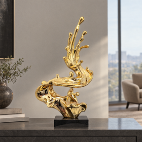 Golden Surge abstract sculpture — styled interior, 70 cm overall height