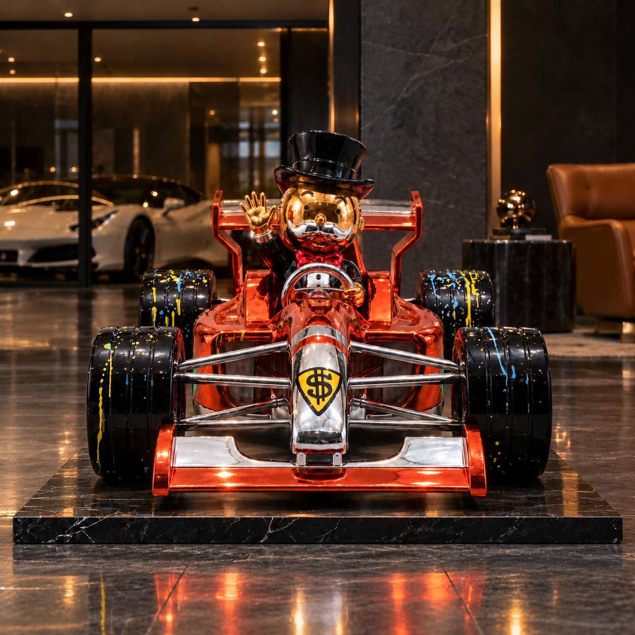 Grand Prix Royale Lifesize™ copper-orange racing car sculpture, direct front view with gold-toned driver and black splatter-detail wheels