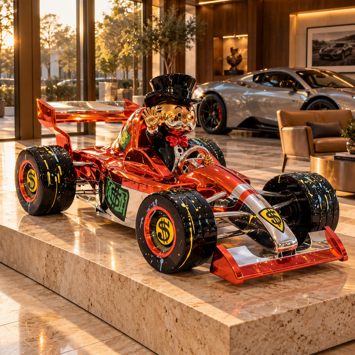 Grand Prix Royale Lifesize™ sculpture with gold-toned driver and splatter-detail wheels in golden-hour light