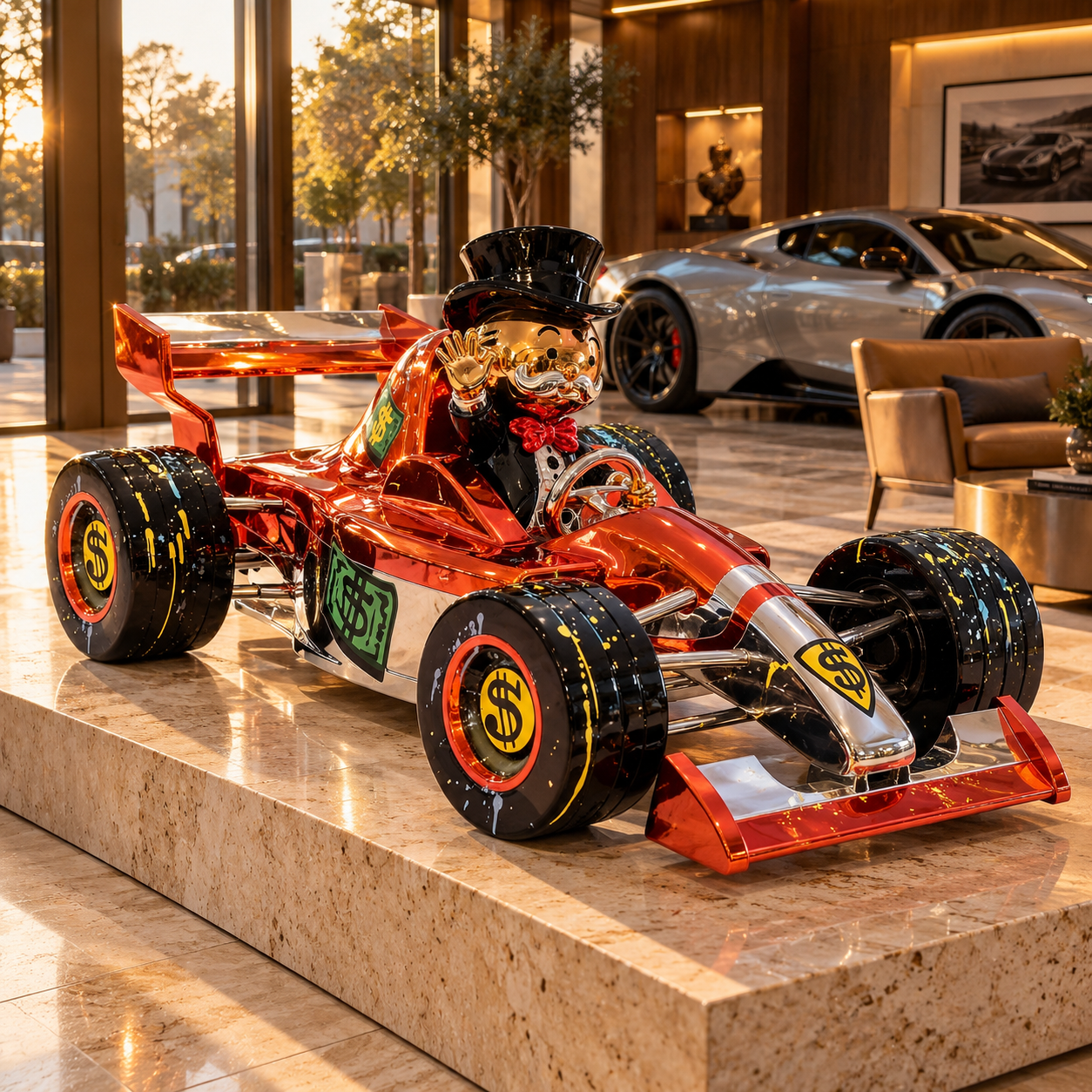 Grand Prix Royale Lifesize™ sculpture with gold-toned driver and splatter-detail wheels in golden-hour light