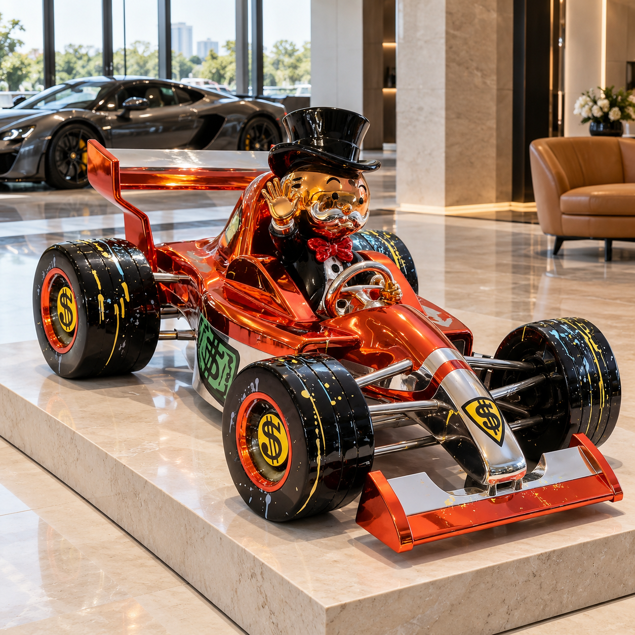 Grand Prix Royale Lifesize™ sculpture in copper-orange and chrome, front three-quarter view in a luxury showroom