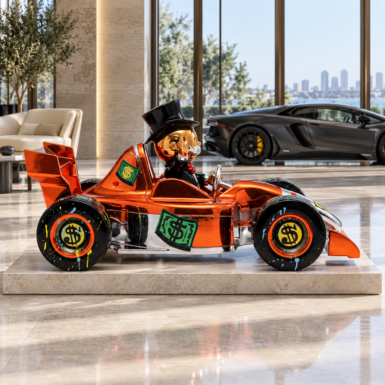 Grand Prix Royale Lifesize™ racing car sculpture, right-facing side profile with banknote motifs
