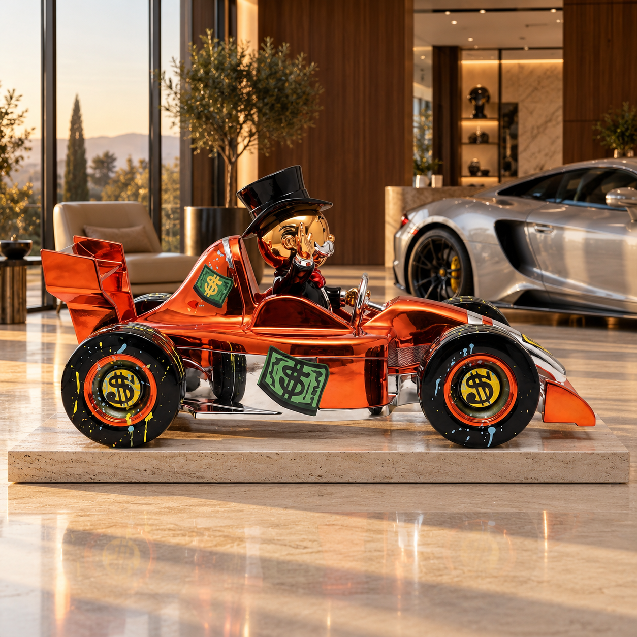 Grand Prix Royale Lifesize™ copper-orange sculpture, right-facing side profile in warm showroom light