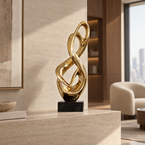 Infinity Doré abstract sculpture — styled interior, 70 cm overall height